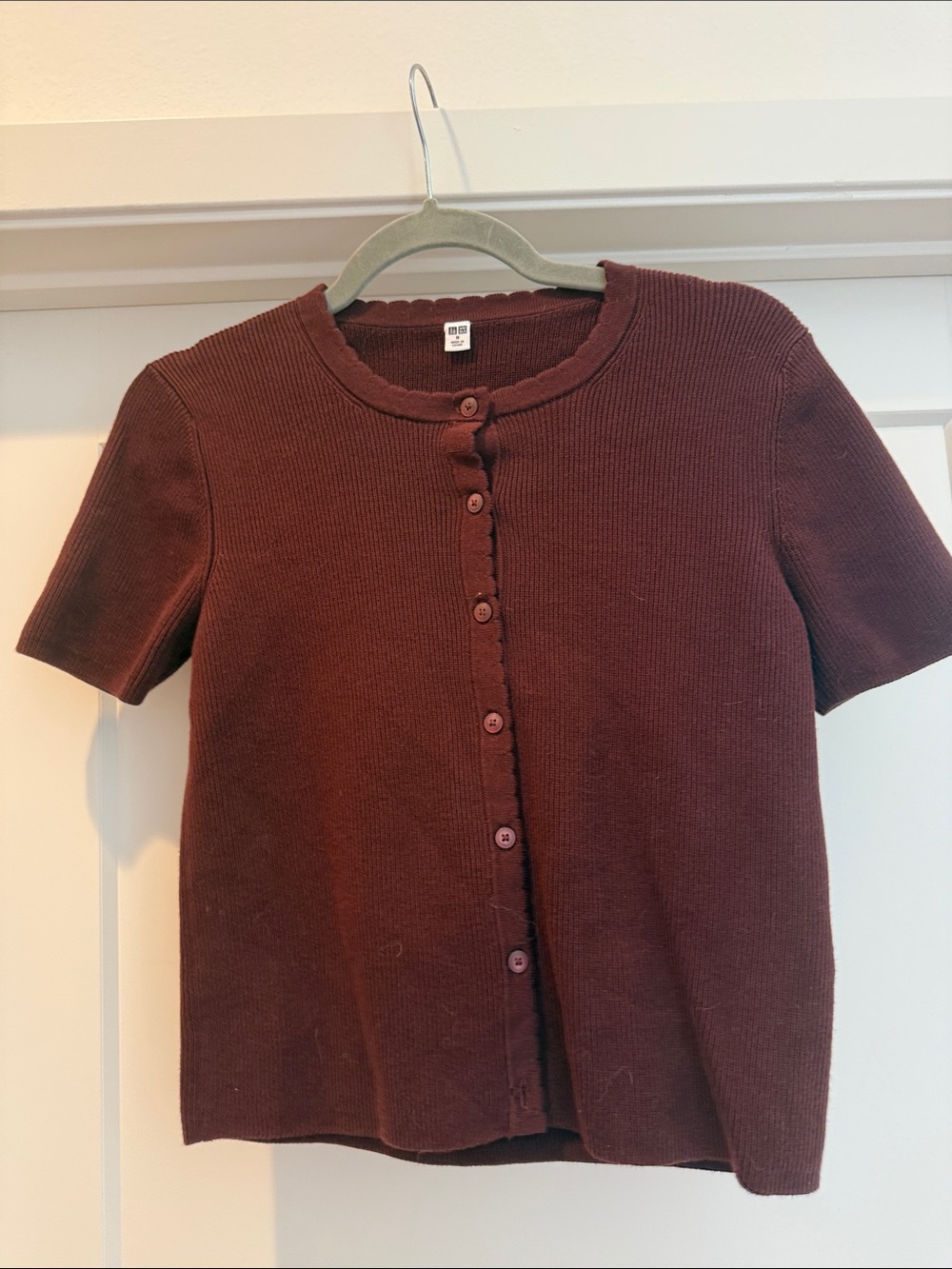 Uniqlo Short Sleeve Button-Down Knit Top in Dark Brown